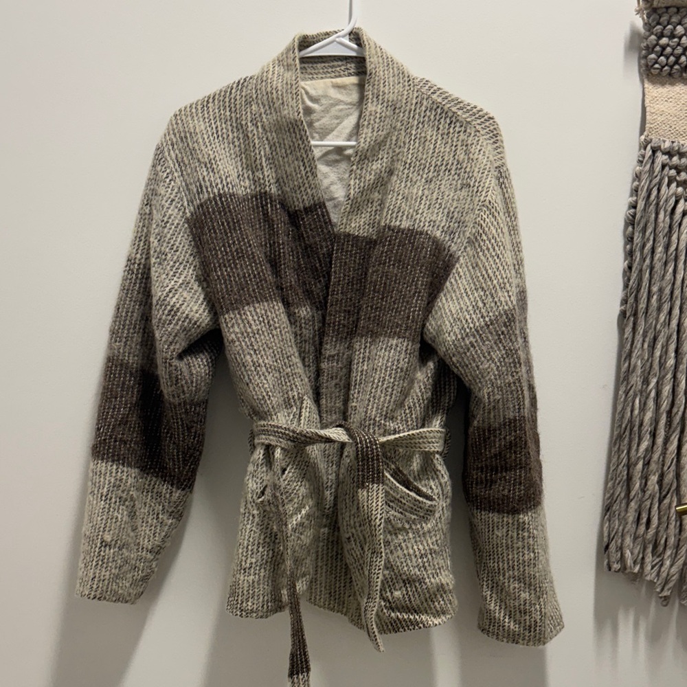 Vintage wool Beige and Brown Striped Knit Belted Cardigan